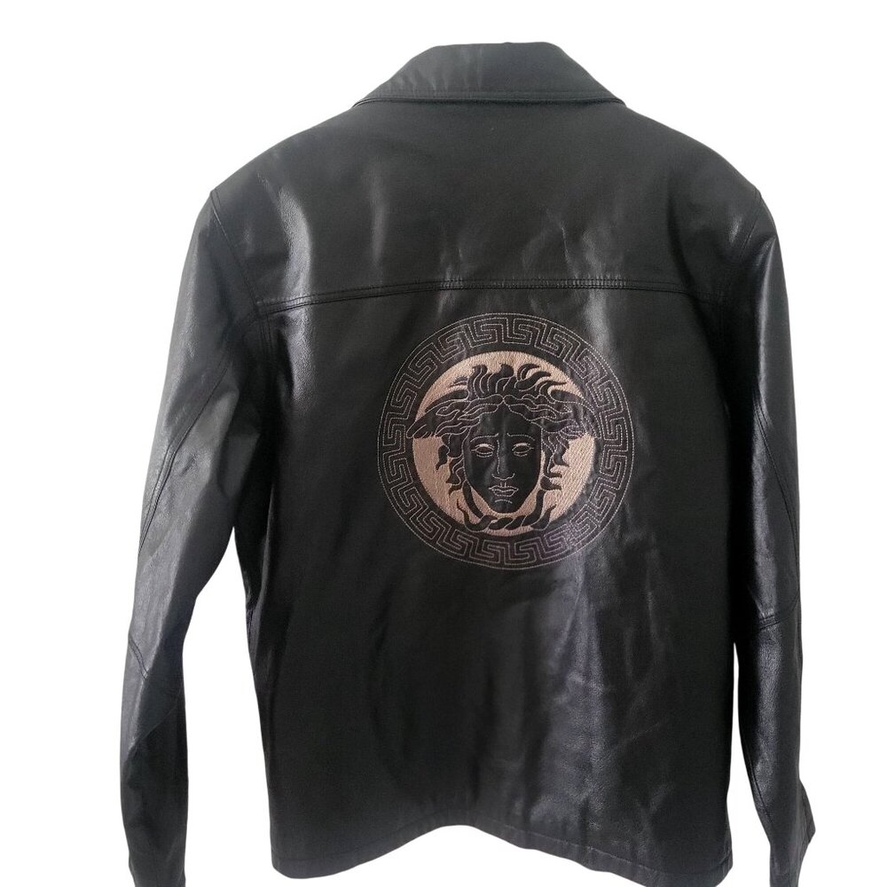 Men's Black Leather Jacket Outwear Stylish Embroidery Front & Back -M - Picture 7 of 10